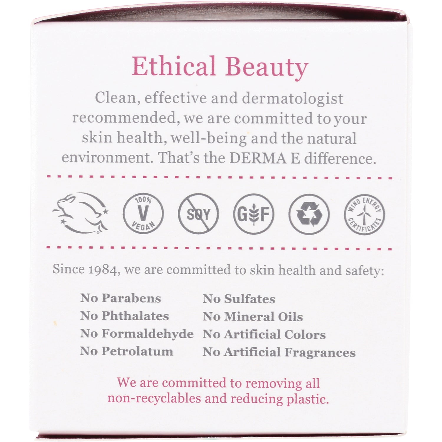 DE020 | Back of box labeled Ethical Beauty showing certification icons and a list: No Parabens, No Phthalates, No Sulfates, No Mineral Oils