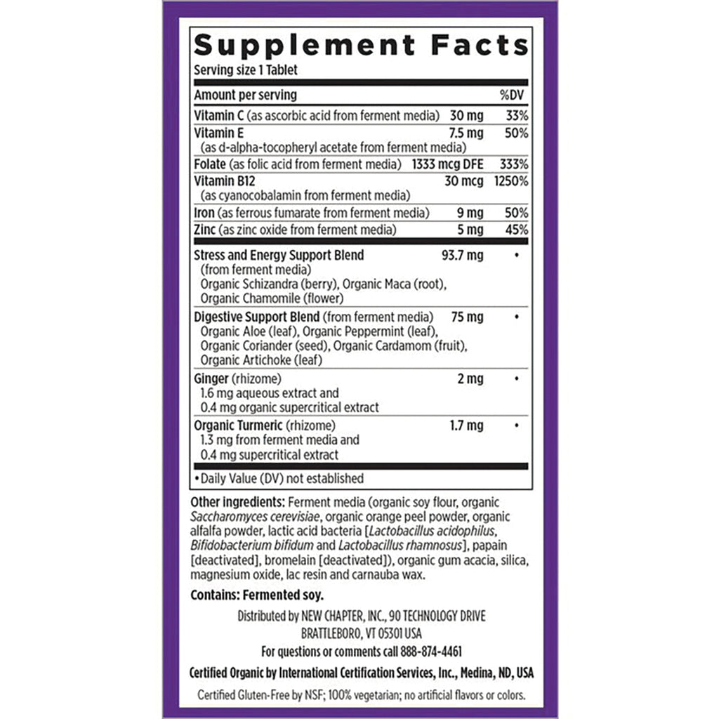 Supplement facts and ingredient list on purple-bordered label showing vitamins, blends, and contains fermented soy - Thumbnail