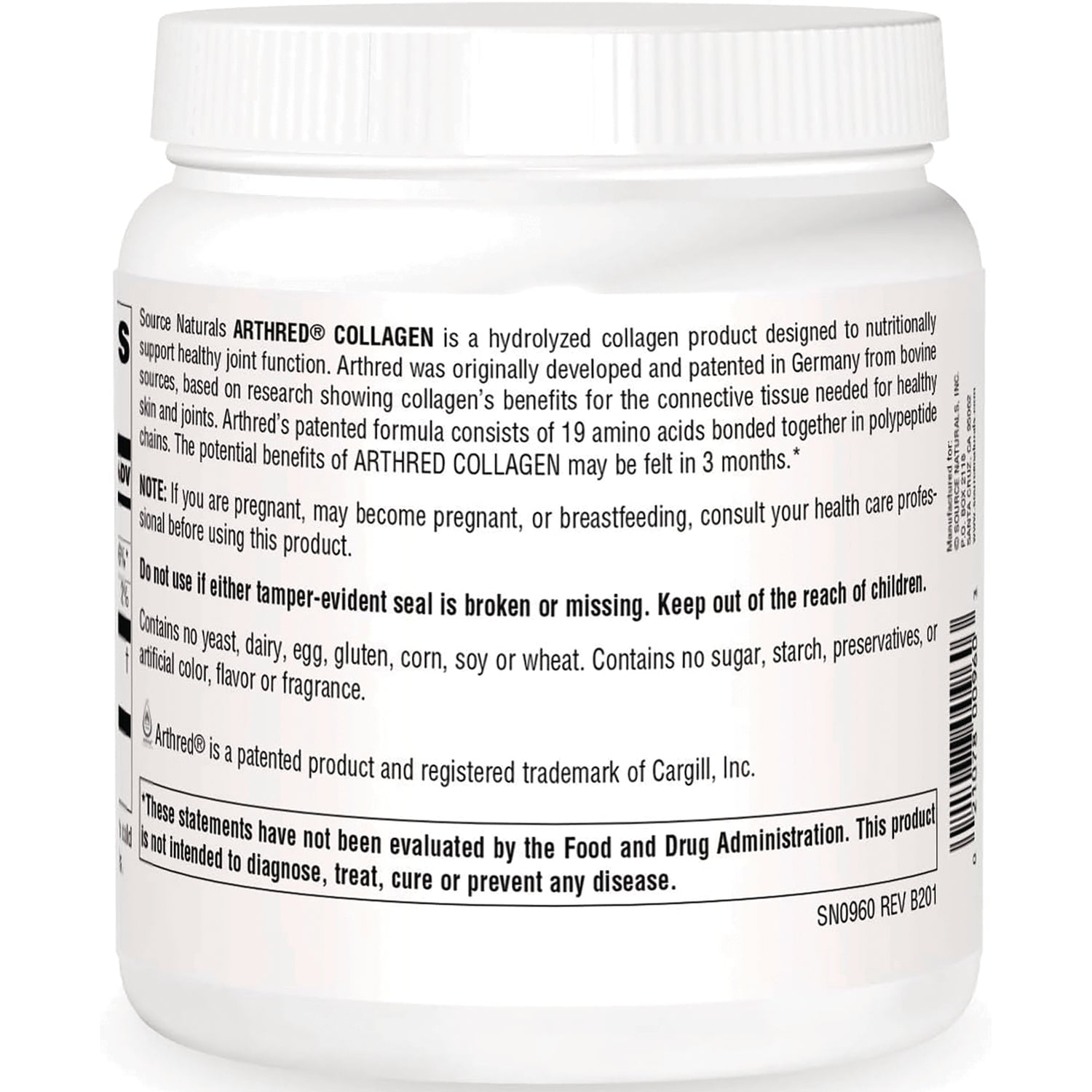 SN180 | back label of white supplement jar showing product description, warnings and barcode