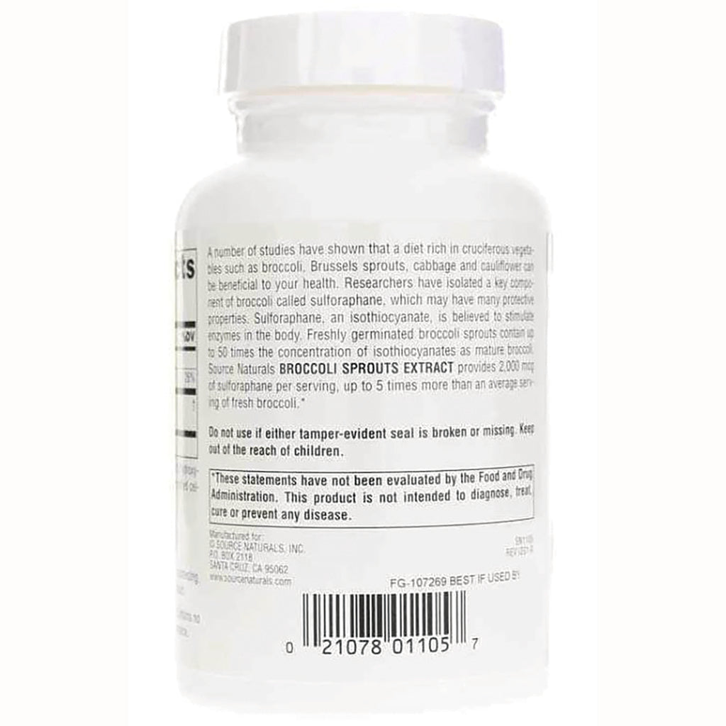 SN970 | Back label of supplement bottle showing BROCCOLI SPROUTS EXTRACT info, warnings, and barcode - Thumbnail