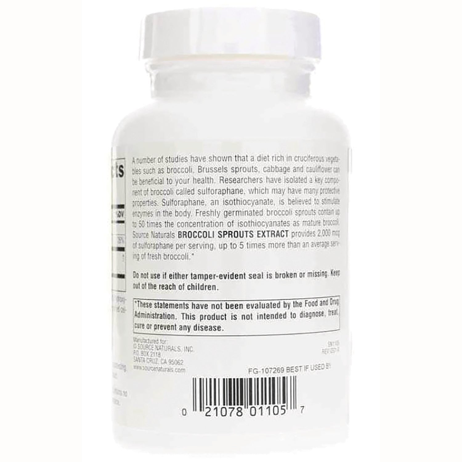 SN970 | Back label of supplement bottle showing BROCCOLI SPROUTS EXTRACT info, warnings, and barcode