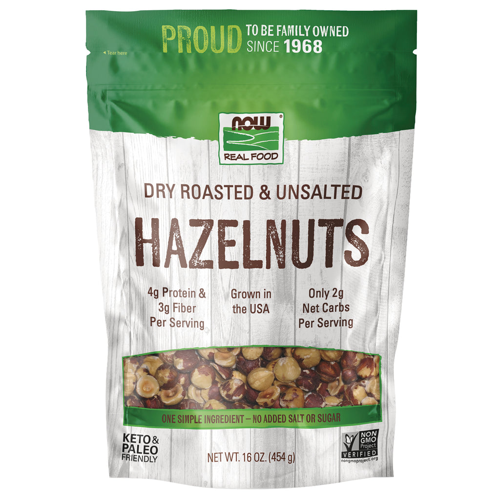 NWF1423 | Now Real Food dry roasted & unsalted HAZELNUTS bag with clear window showing hazelnuts, 16 oz - Thumbnail