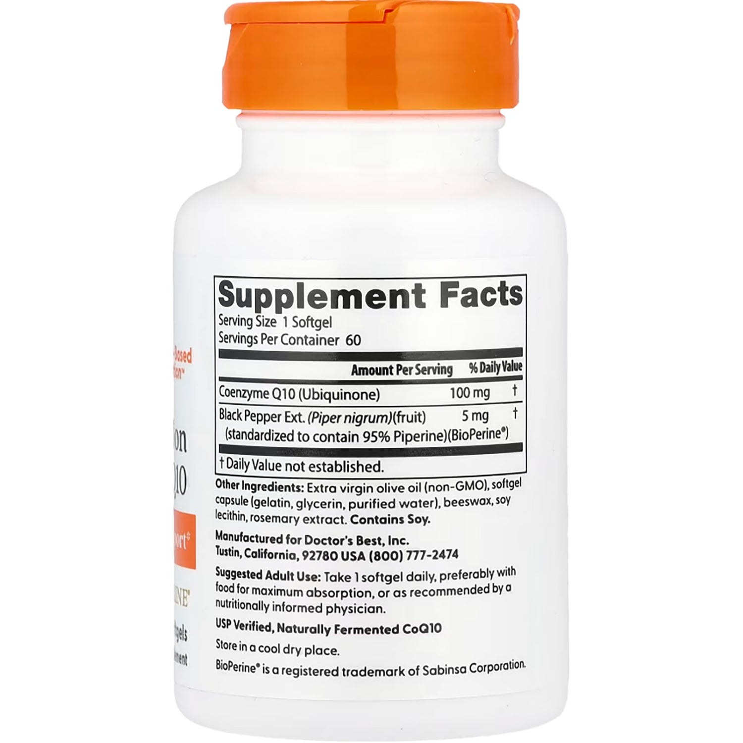 DB112 | Back of white supplement bottle with orange cap showing Supplement Facts panel and ingredients