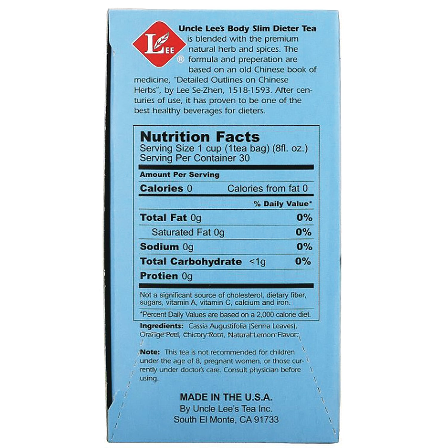 UL010 | Back of Uncle Lee's Body Slim Dieter Tea box showing Nutrition Facts and ingredients