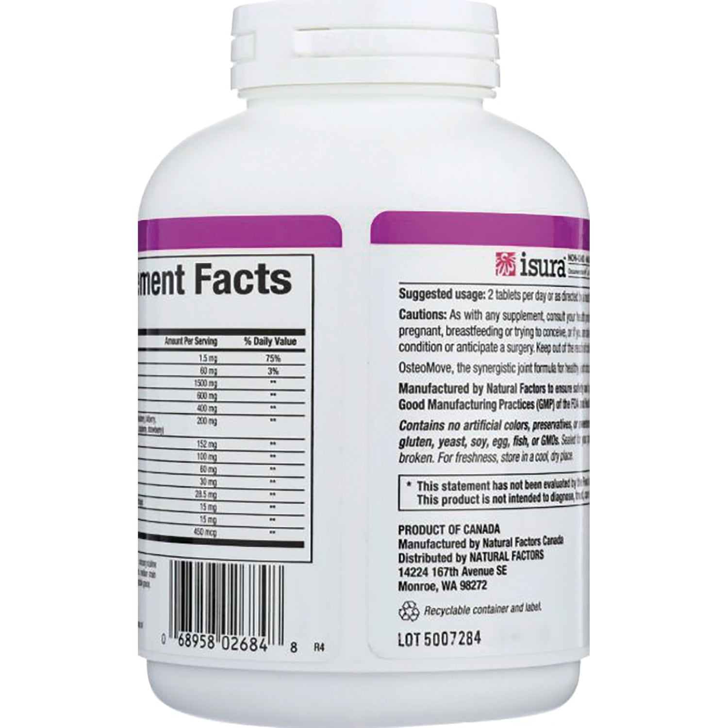 NFC115 | back label showing supplement facts, cautions, barcode and lot number on white bottle