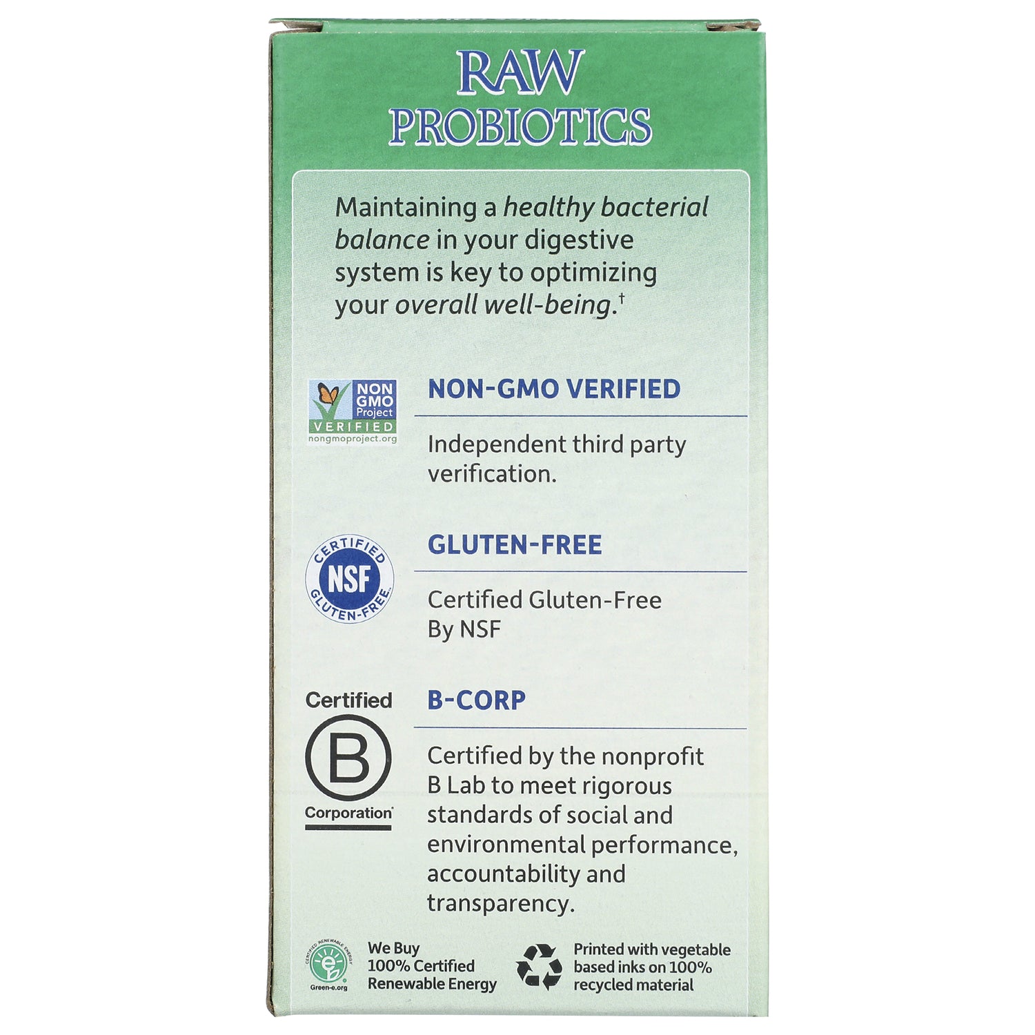 GLF152 | Raw Probiotics product side panel listing benefits and certifications non-GMO verified, gluten-free, B-Corp