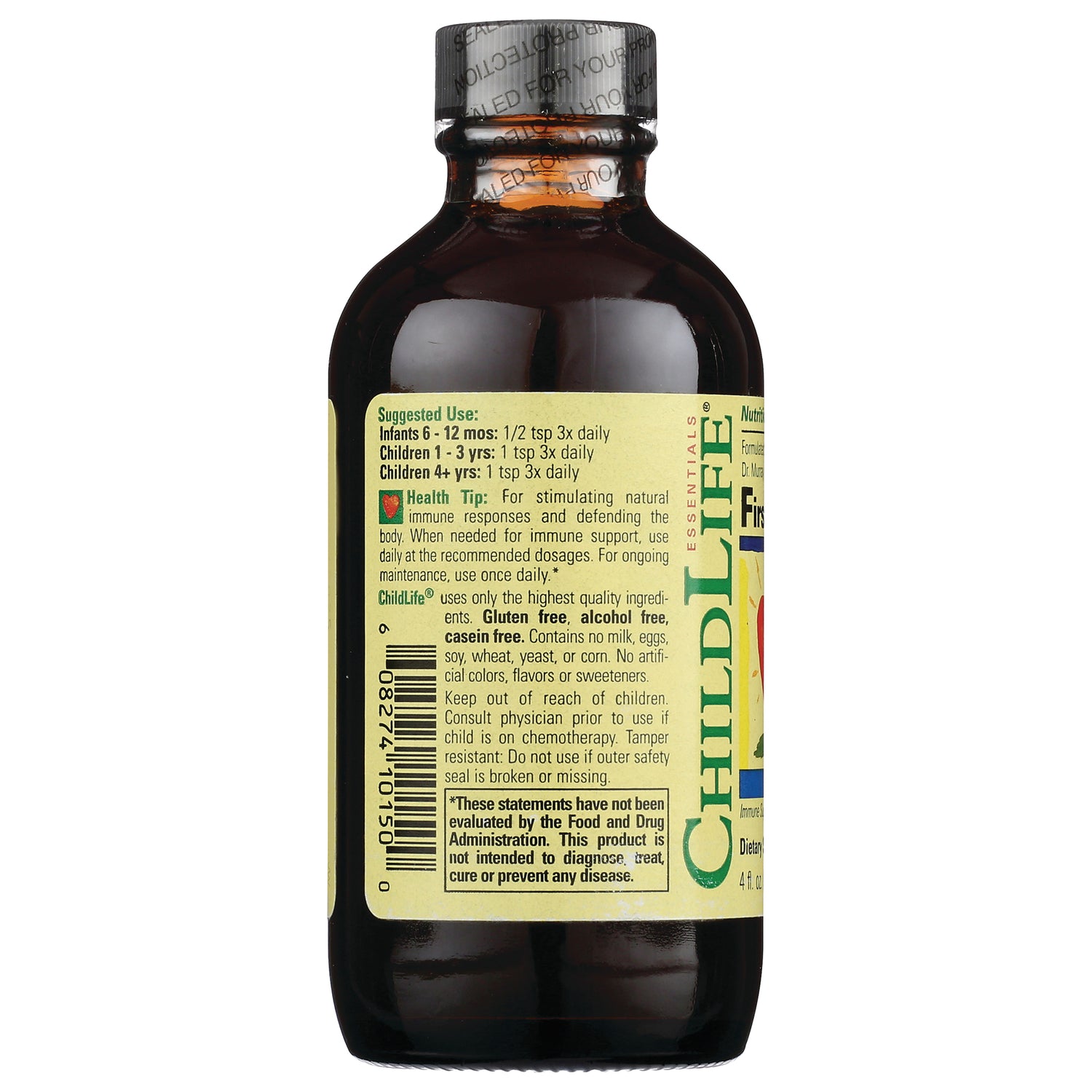 CHL005 | brown glass bottle back label showing suggested use, ingredients, barcode and ChildLife branding