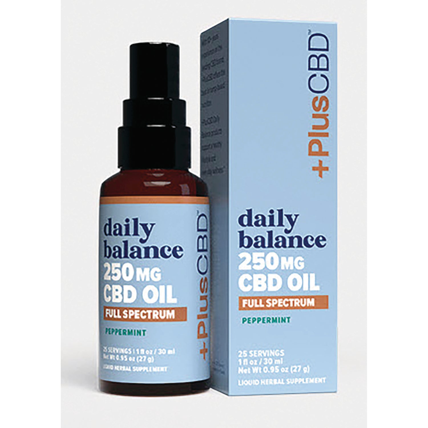 Daily Balance 250 mg CBD oil full spectrum peppermint bottle and box front view