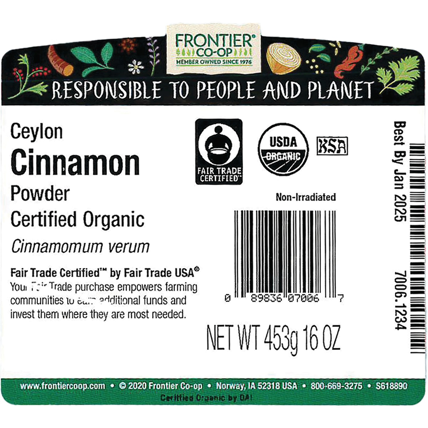 FNP153 | back label of Frontier Co-op Ceylon Cinnamon powder showing certifications, barcode, NET WT 453g 16 OZ, Best By Jan 2025