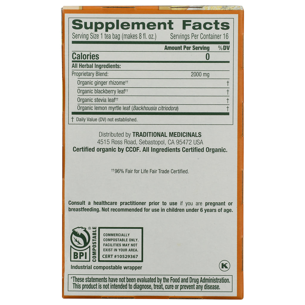 TMD017 | Back panel Supplement Facts listing ginger, moringa, turmeric, caraway, cinnamon; organic and Non-GMO certifications - Thumbnail