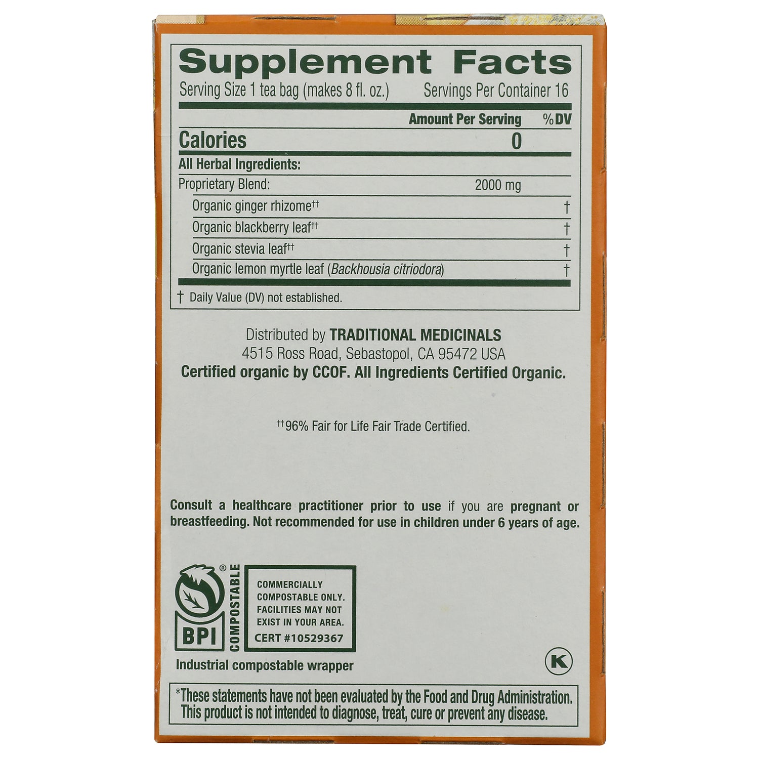 TMD017 | Back panel Supplement Facts listing ginger, moringa, turmeric, caraway, cinnamon; organic and Non-GMO certifications