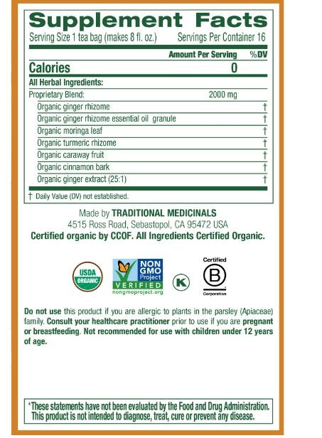 TMD017 | Back panel Supplement Facts listing ginger, moringa, turmeric, caraway, cinnamon; organic and Non-GMO certifications - Thumbnail