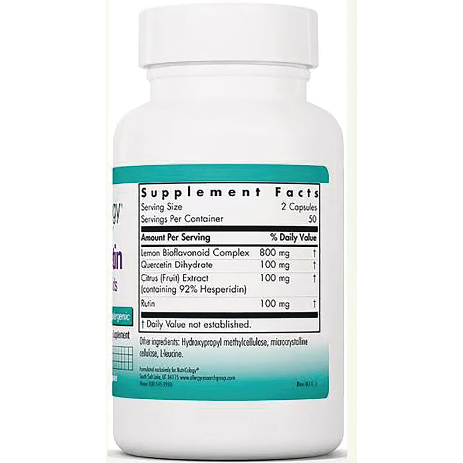 NCL062 | White supplement bottle back showing Supplement Facts label with serving size and ingredient amounts