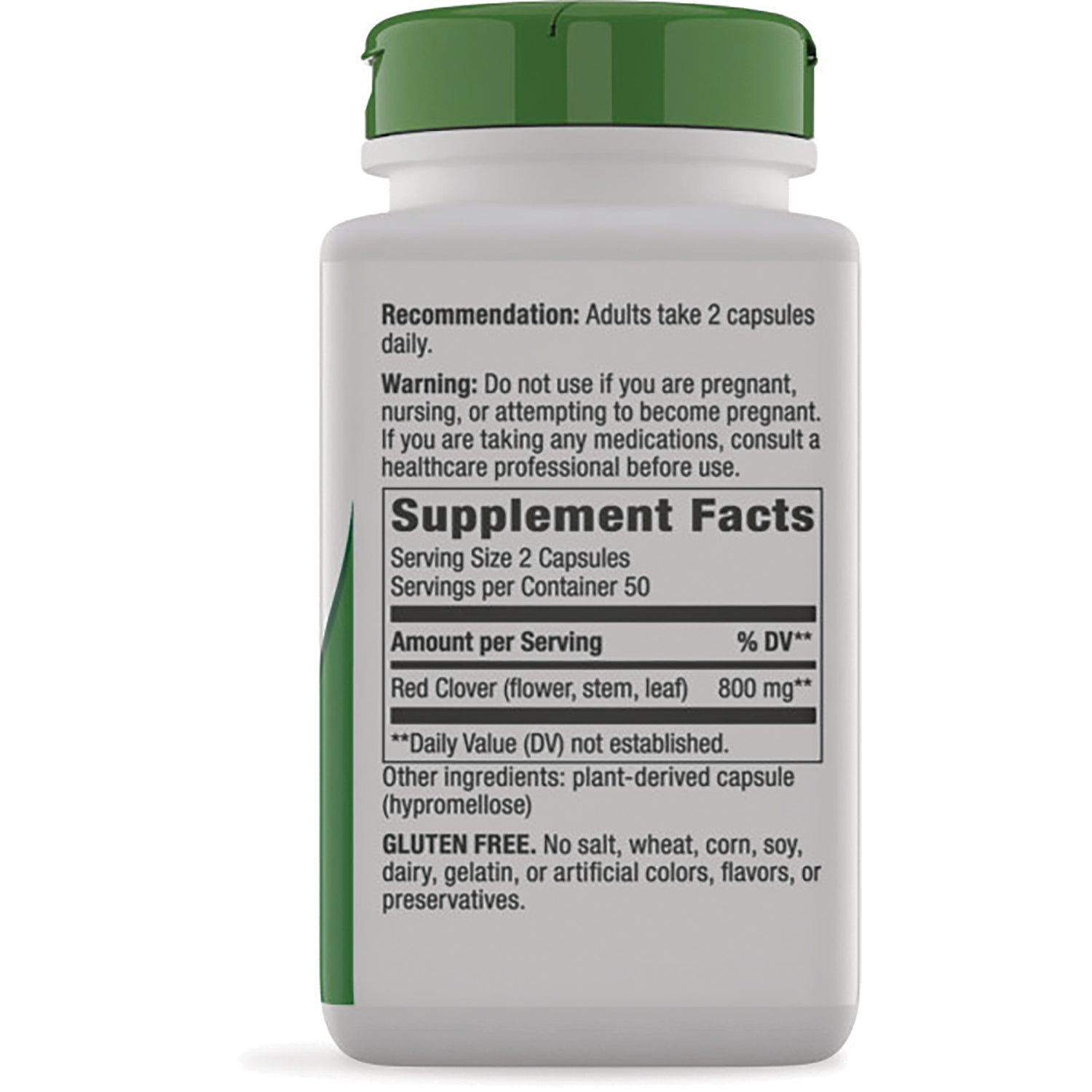 NW162 | Back label with Supplement Facts listing Red Clover 800 mg, serving size 2 capsules, warnings and gluten free