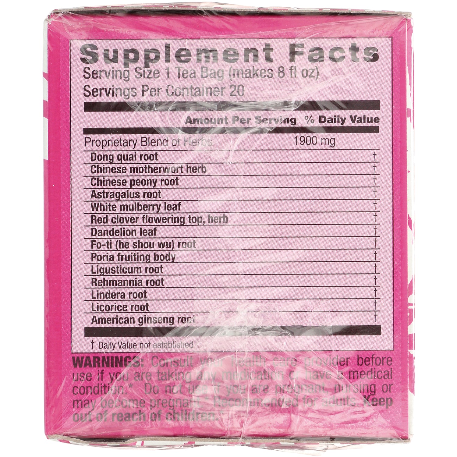 TLT017 | Supplement Facts panel listing a 1900 mg proprietary herbal blend; serving size 1 tea bag, 20 servings