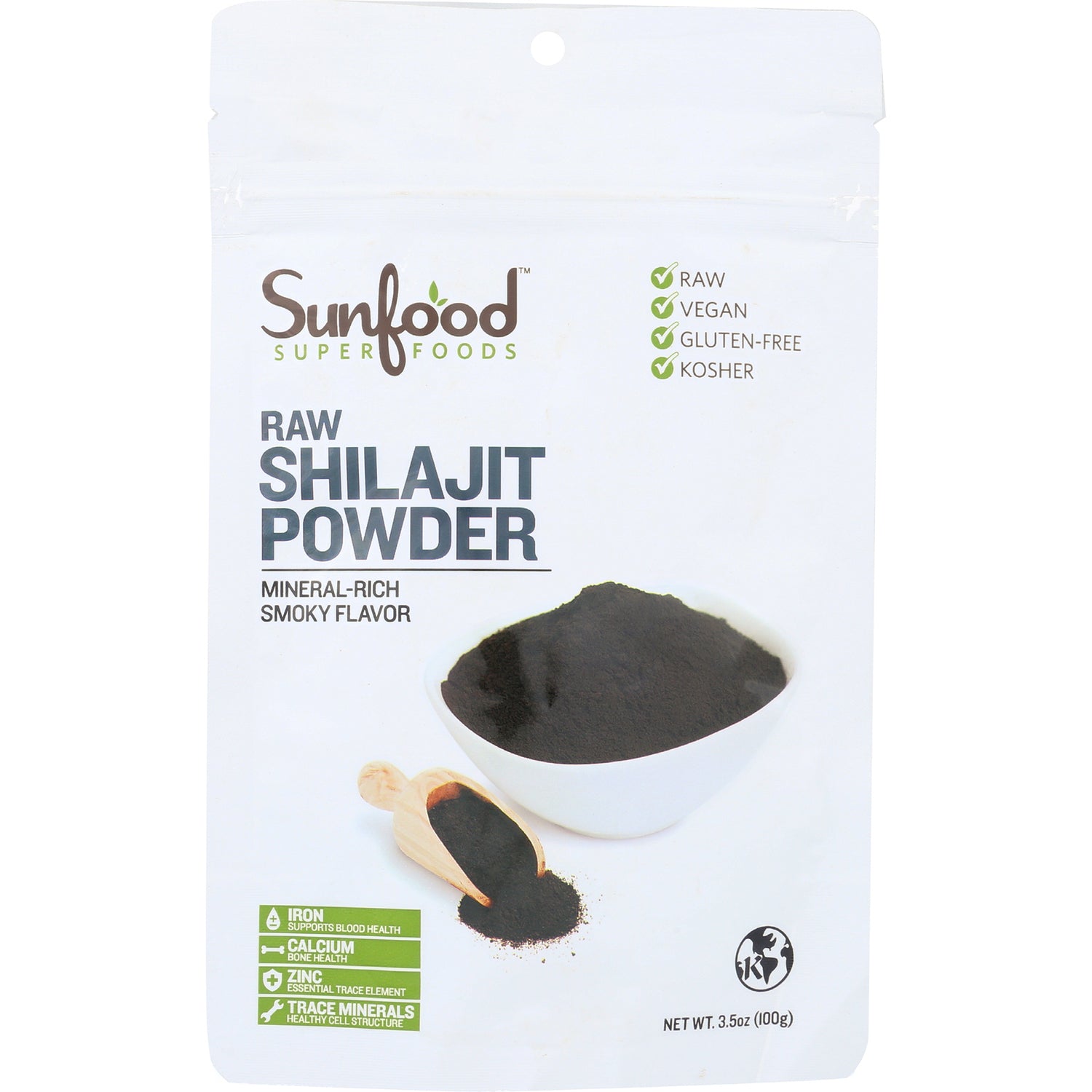 SNF022 | Sunfood Raw Shilajit Powder pouch, mineral-rich smoky flavor, raw, vegan, gluten-free, kosher, 3.5 oz
