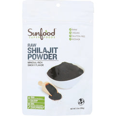 SNF022 | Sunfood Raw Shilajit Powder pouch, mineral-rich smoky flavor, raw, vegan, gluten-free, kosher, 3.5 oz