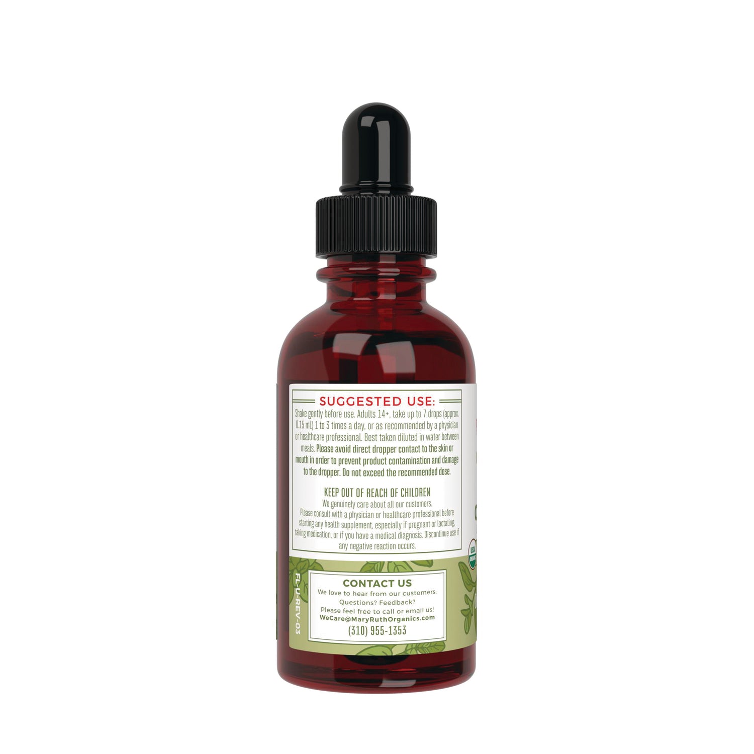 MRR042 | Back of amber dropper bottle showing label with SUGGESTED USE, warnings, and contact information