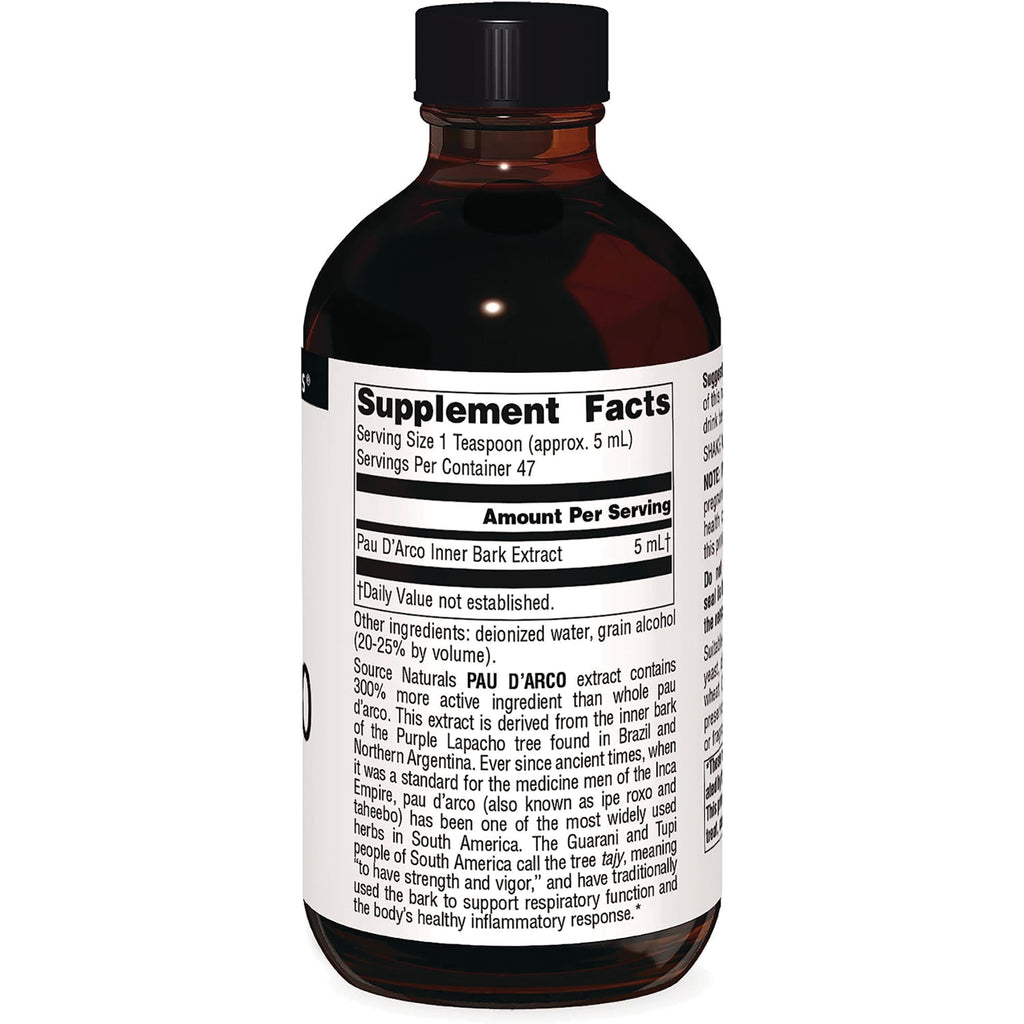 SN627 | Back label with Supplement Facts for Pau D'Arco Inner Bark Extract, serving size 1 tsp (5 mL) - Thumbnail