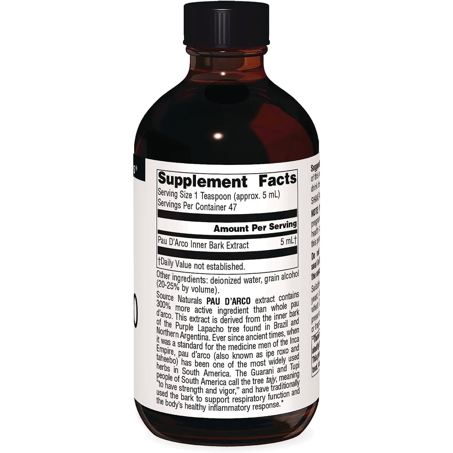SN627 | Back label with Supplement Facts for Pau D'Arco Inner Bark Extract, serving size 1 tsp (5 mL)