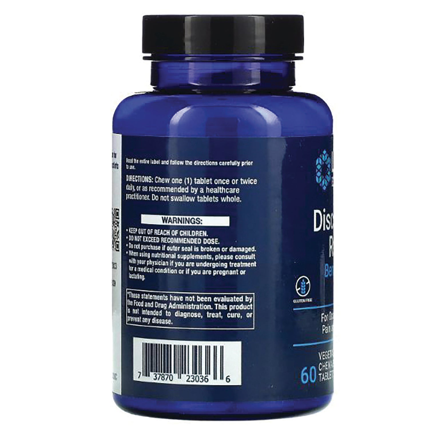 LE486 | back of blue supplement bottle showing warnings, directions, and barcode