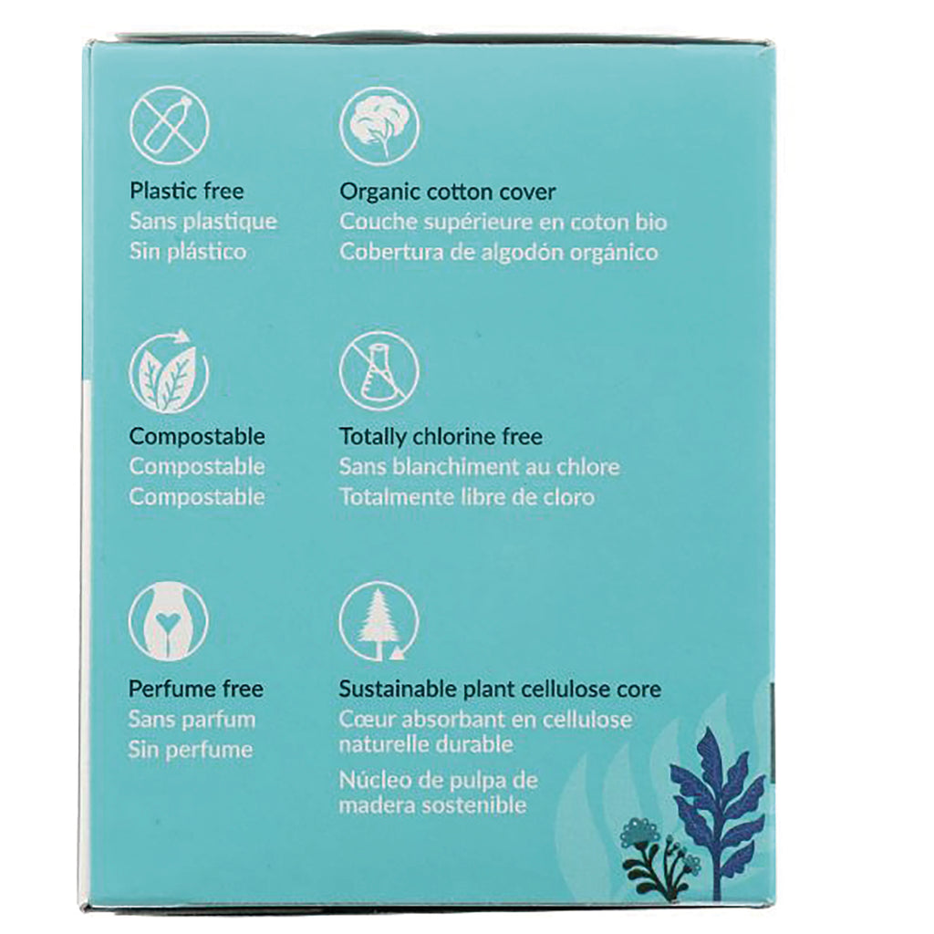 NCR009 | teal product infographic with icons and text: Plastic free; Organic cotton cover; Compostable; Totally chlorine free; Perfume free - Thumbnail