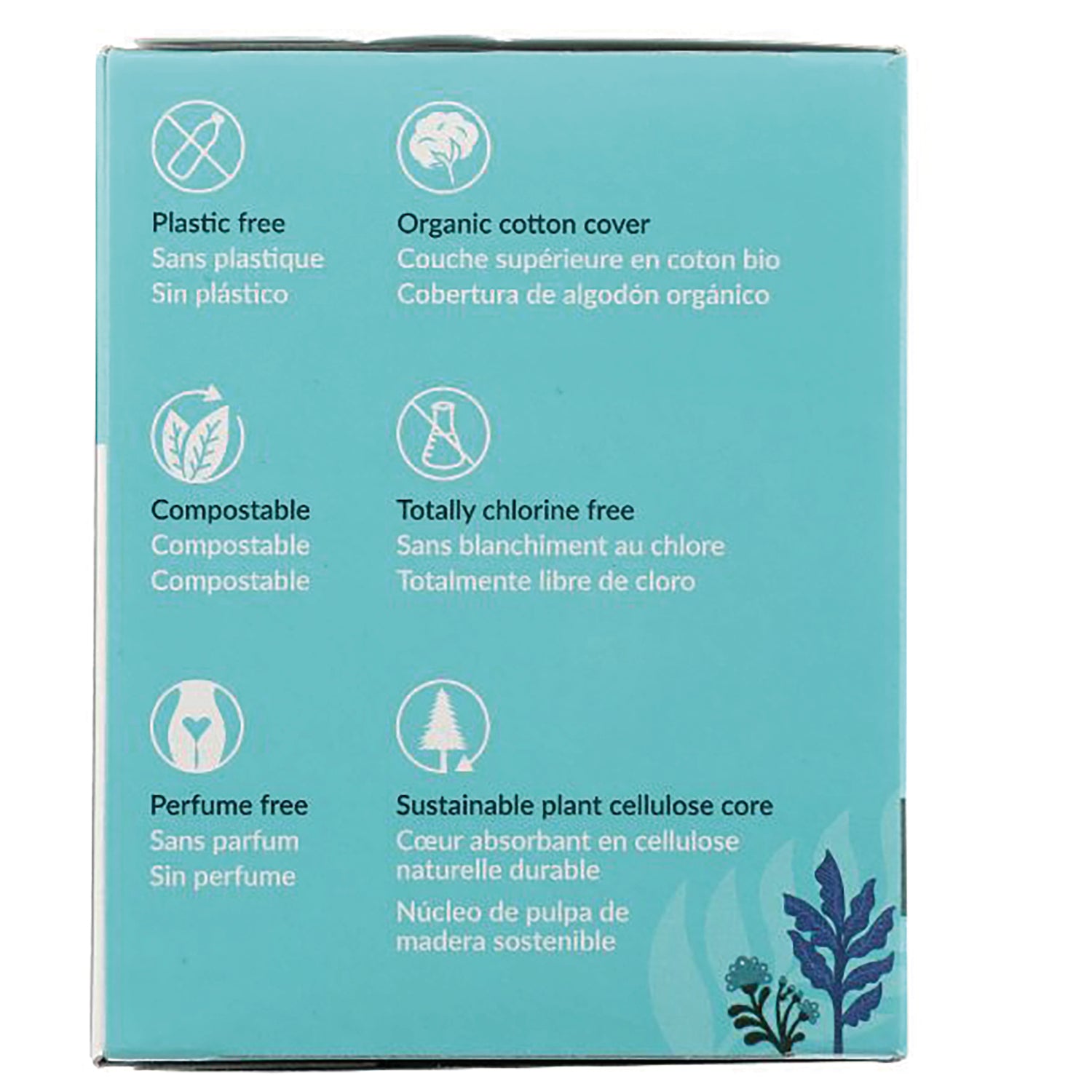 NCR009 | teal product infographic with icons and text: Plastic free; Organic cotton cover; Compostable; Totally chlorine free; Perfume free