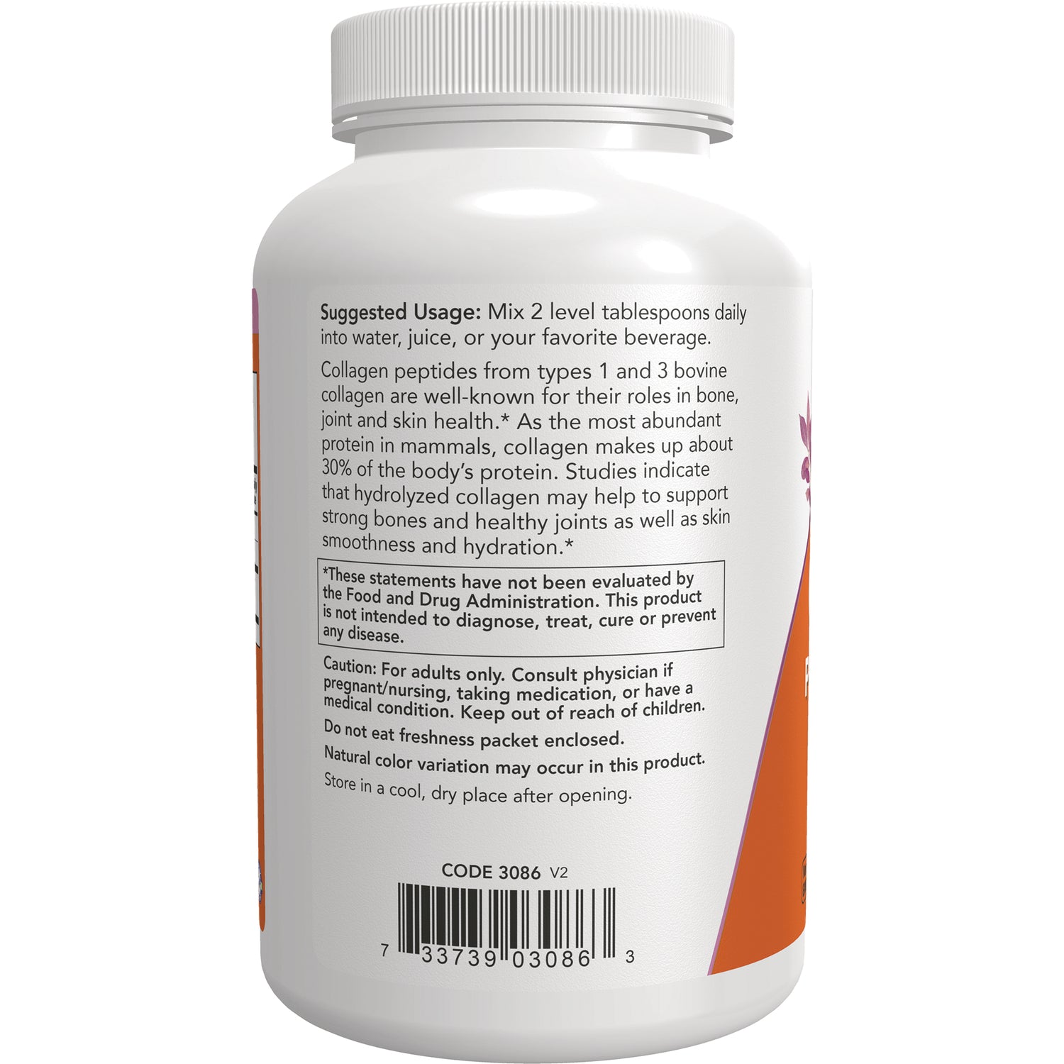 NWF1431 | Back label of white supplement bottle showing suggested usage, warnings, and barcode