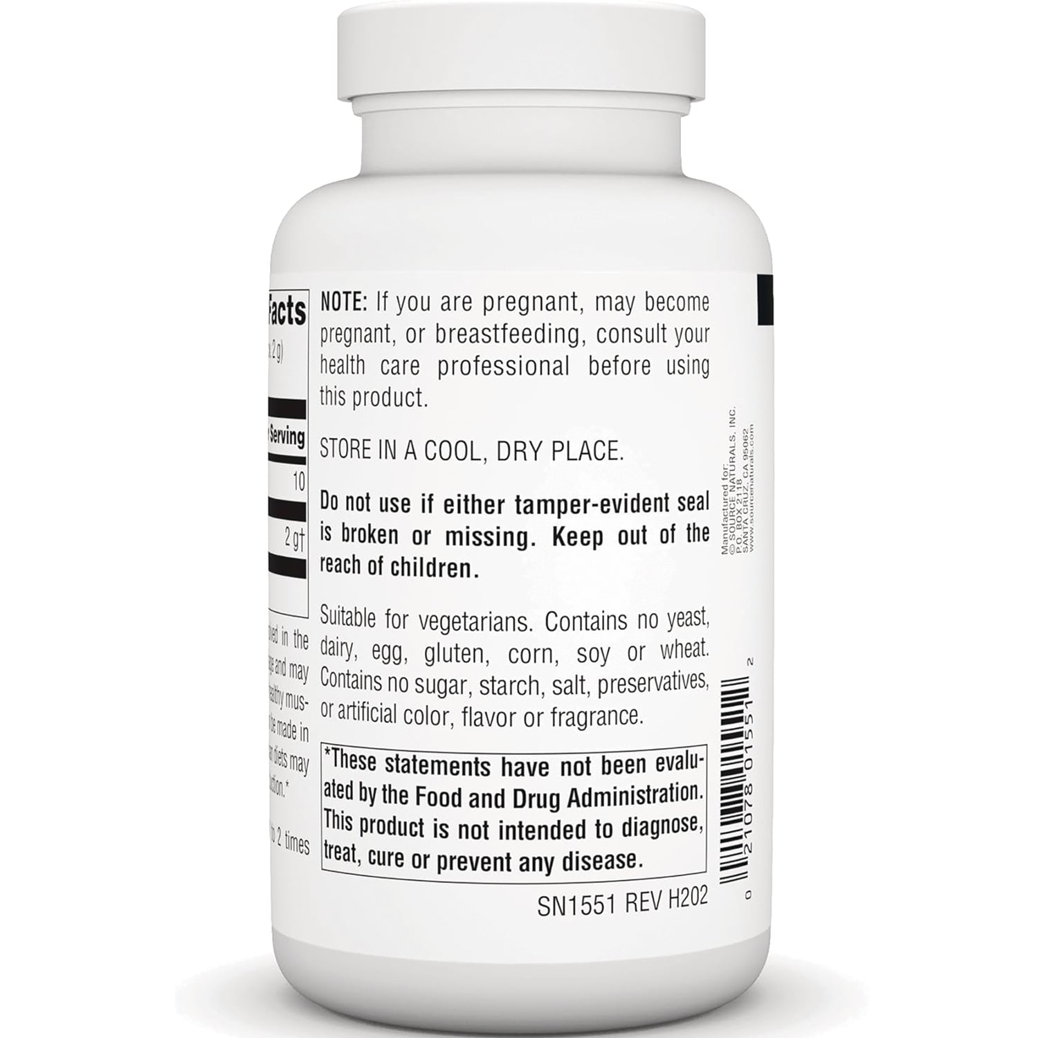 SN817 | Supplement bottle back label with warnings and storage instructions