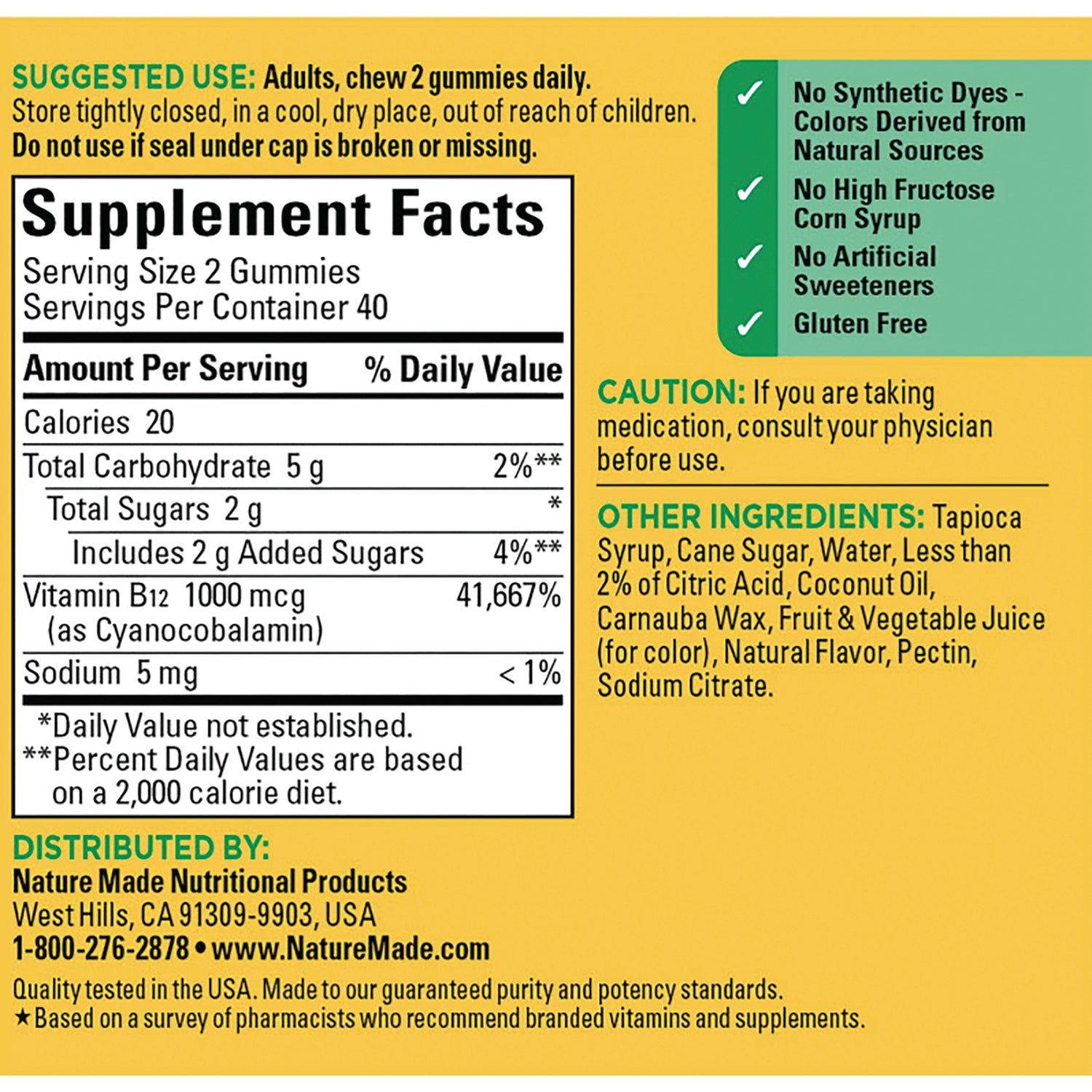 NTM102 | Back label showing Supplement Facts panel with serving size 2 gummies, Vitamin B12 1000 mcg and other ingredients