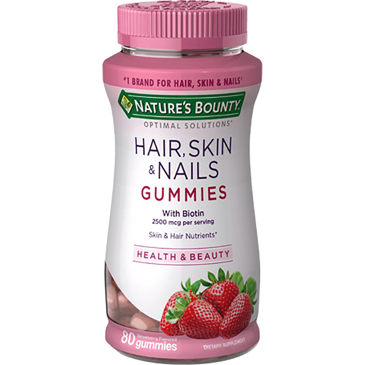 NBY059 | Nature's Bounty Hair, Skin & Nails gummies bottle with strawberries, 80 gummies