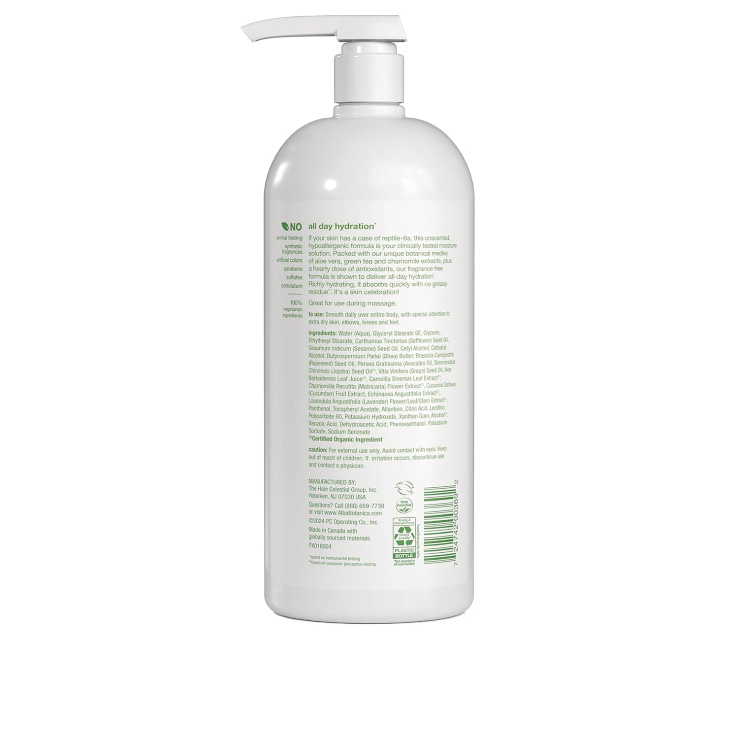 ABA006 | Back label of white pump bottle showing ingredients, barcode and visible text 'all day hydration'