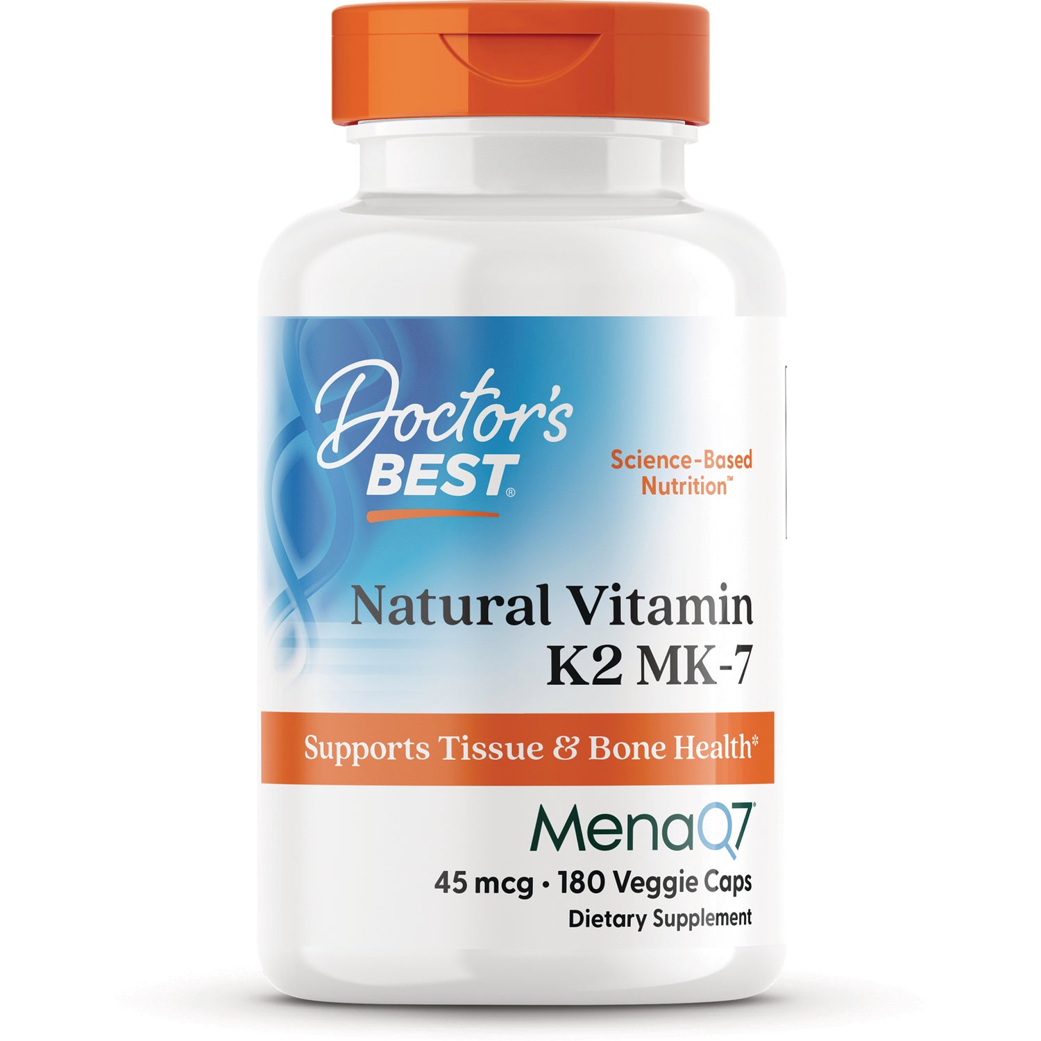 DB226 | Doctor's Best Natural Vitamin K2 MK-7 supplement bottle front, 45 mcg, 180 veggie caps, supports tissue and bone health