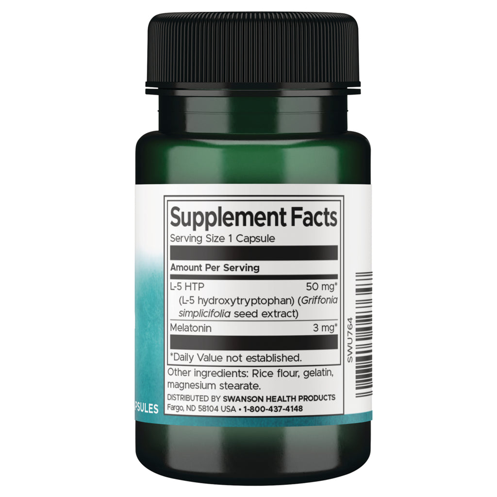 SWU764 | Back label with Supplement Facts for L-5 HTP 50 mg and Melatonin 3 mg - Thumbnail
