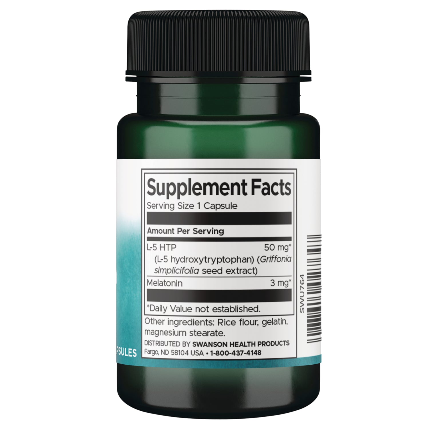 SWU764 | Back label with Supplement Facts for L-5 HTP 50 mg and Melatonin 3 mg