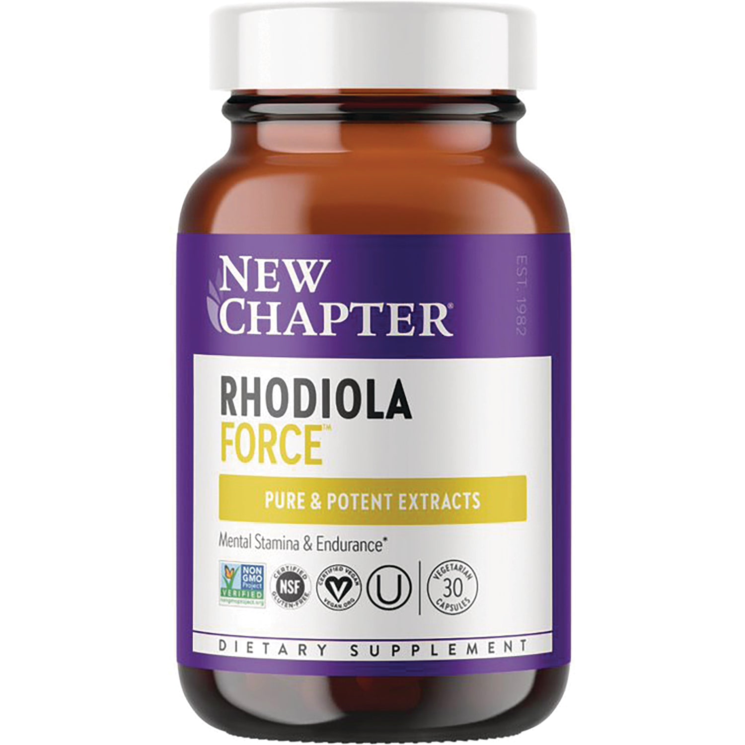 NWC039 | New Chapter Rhodiola Force supplement bottle with purple label reading Pure & Potent Extracts, 30 vegetarian capsules