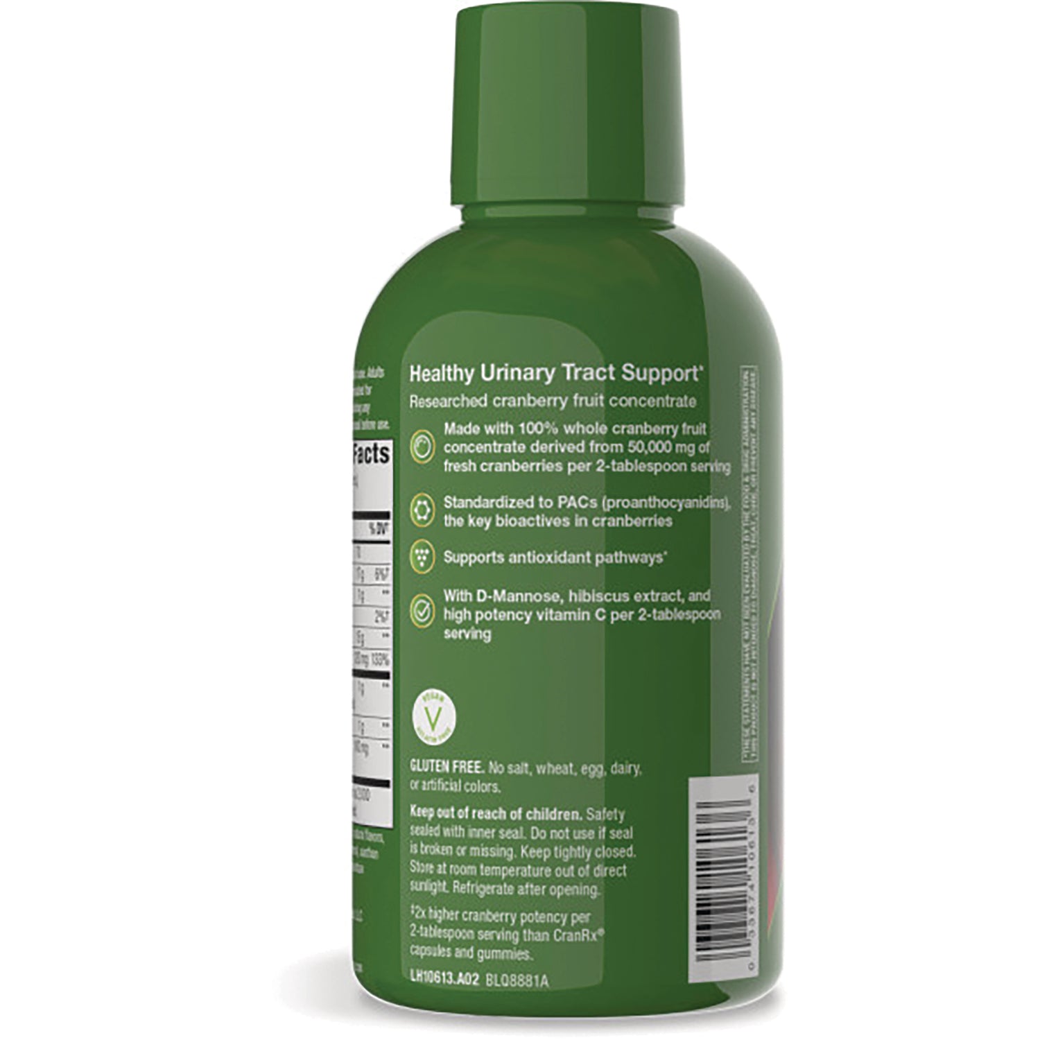 NW878 | Back of green supplement bottle labeled Healthy Urinary Tract Support showing ingredients panel, nutrition facts, and barcode