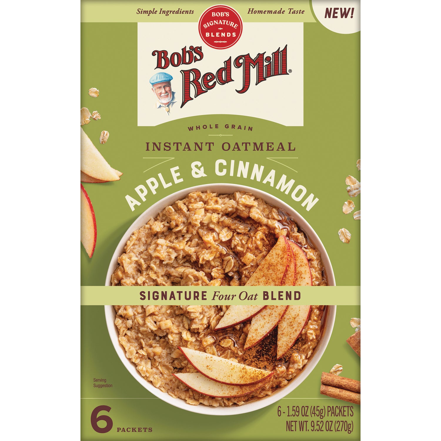 BOB486 | Bob's Red Mill Instant Oatmeal Apple & Cinnamon front packaging with bowl and 6 packets
