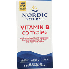 NRN099 | Nordic Naturals Vitamin B Complex box front showing VITAMIN B complex, New Look banner and 45 capsules dietary supplement