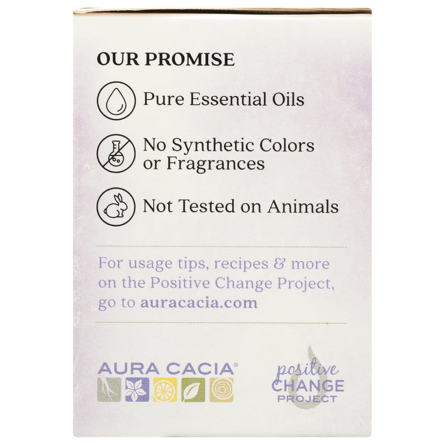 ARC055 | product infographic: Our Promisepure essential oils; no synthetic colors or fragrances; not tested on animals
