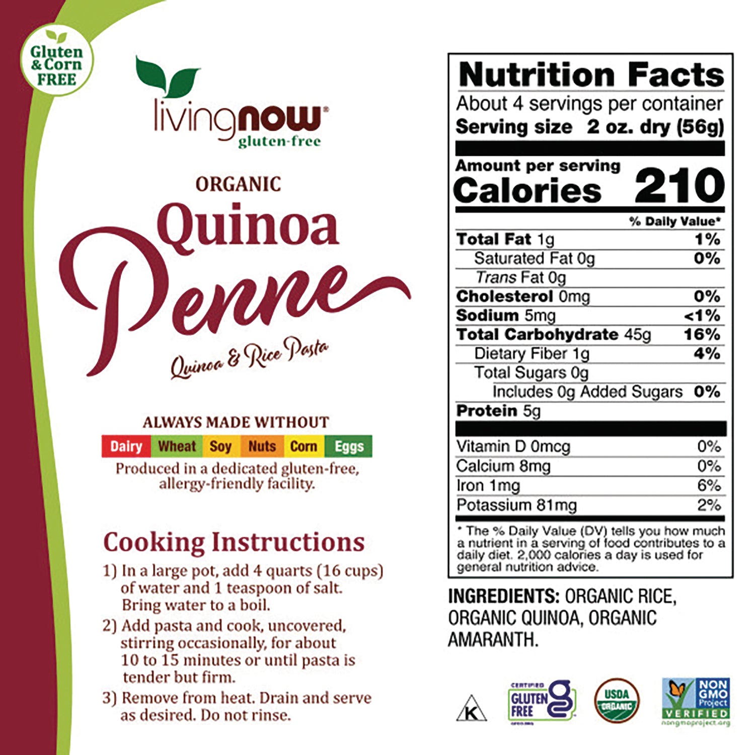 NWF1269 | Living Now Organic Quinoa Penne back label with Nutrition Facts, ingredients, and cooking instructions