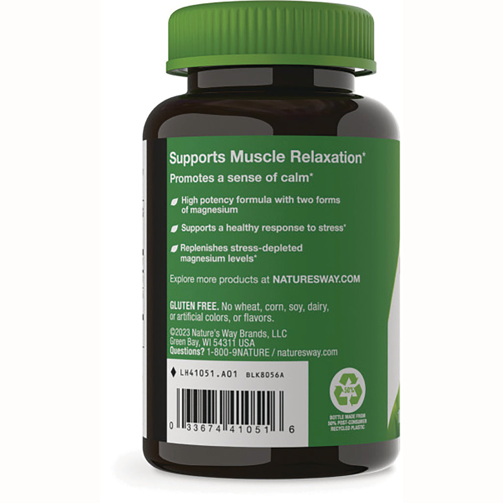 NW360 | back label of green supplement bottle reading Supports Muscle Relaxation, claims, gluten free statement and barcode - Thumbnail