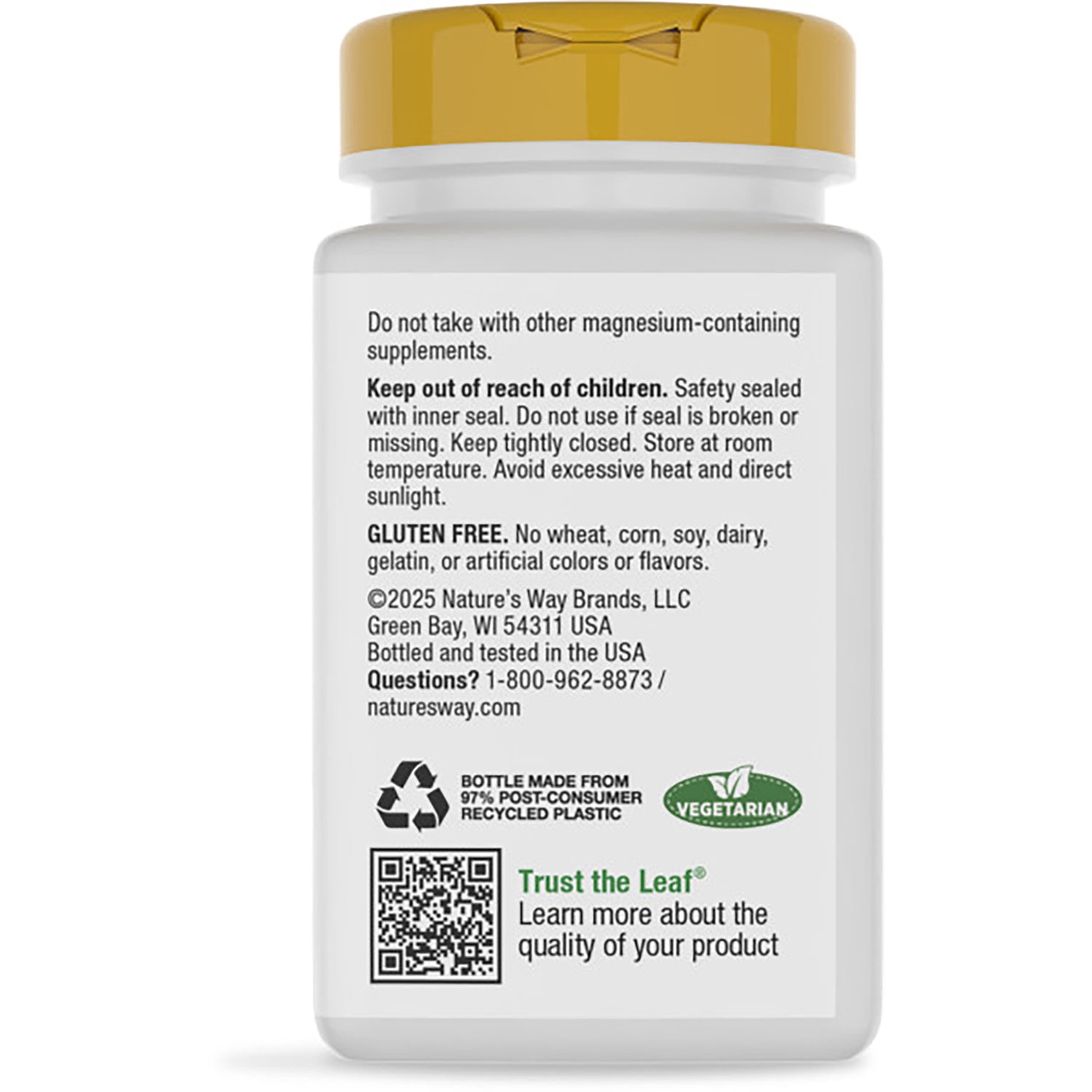 NW360 | back label of green supplement bottle reading Supports Muscle Relaxation, claims, gluten free statement and barcode