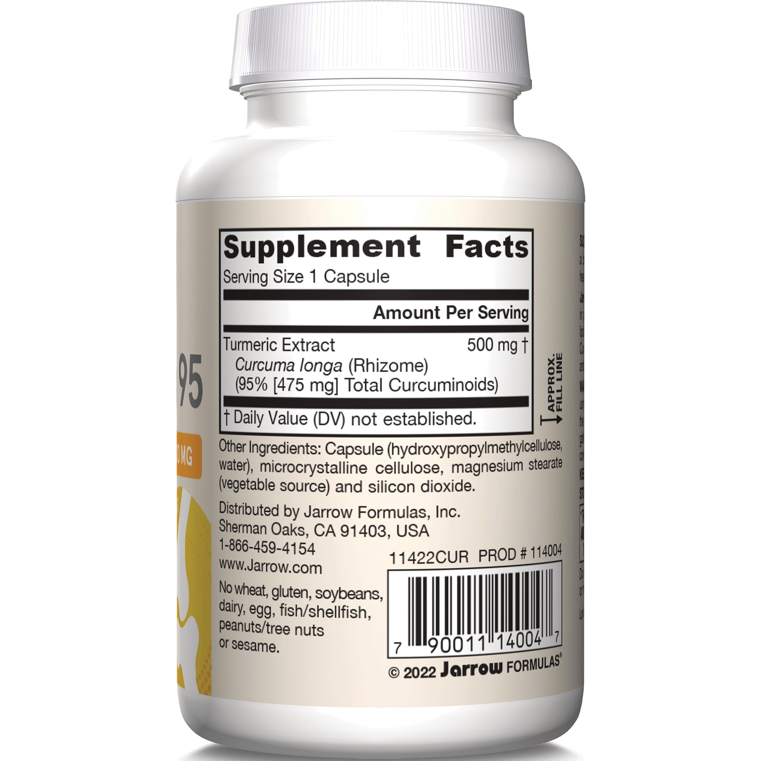 JR015 | back label showing Supplement Facts, Turmeric Extract 500 mg, ingredients, distributor info and barcode