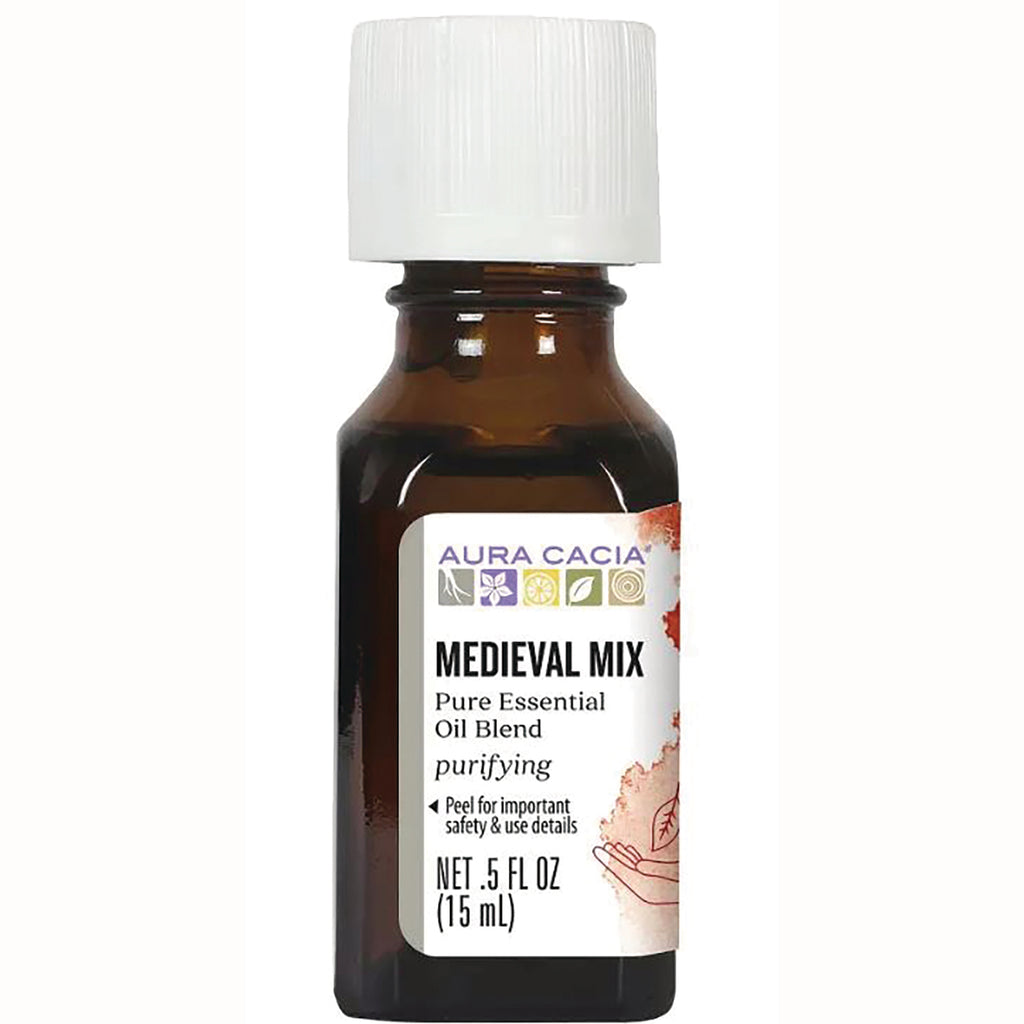 ARC067 | Amber 0.5 fl oz bottle of Aura Cacia Medieval Mix purifying essential oil blend with white cap - Thumbnail