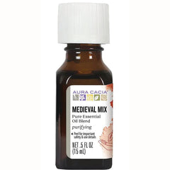 ARC067 | Amber 0.5 fl oz bottle of Aura Cacia Medieval Mix purifying essential oil blend with white cap