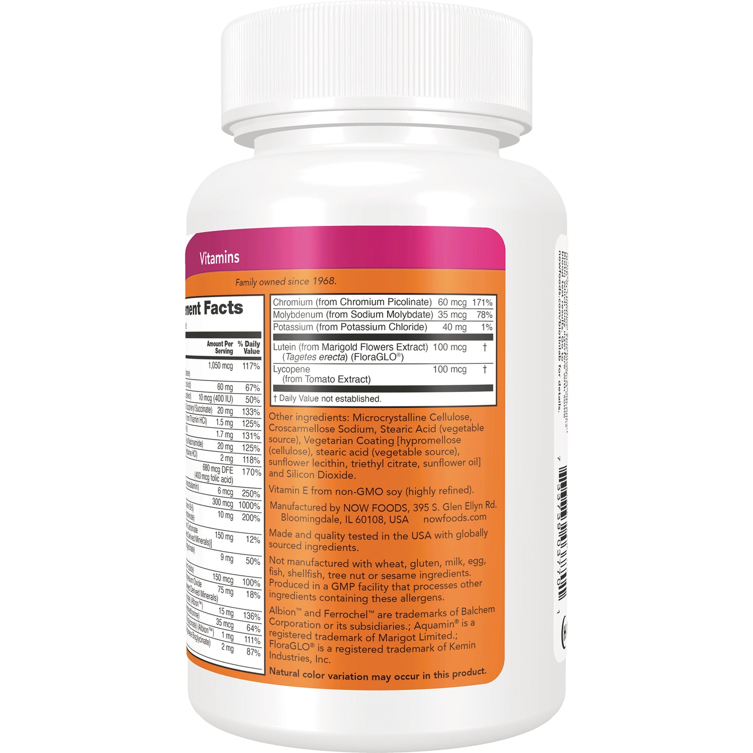 NWF1172 | Back label of white supplement bottle showing supplement facts, ingredients, and manufacturer information