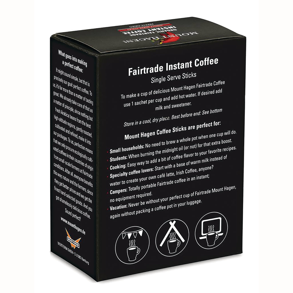 MTH006 | Back of Mount Hagen Fairtrade Instant Coffee single serve sticks box showing instructions, benefits and icons - Thumbnail