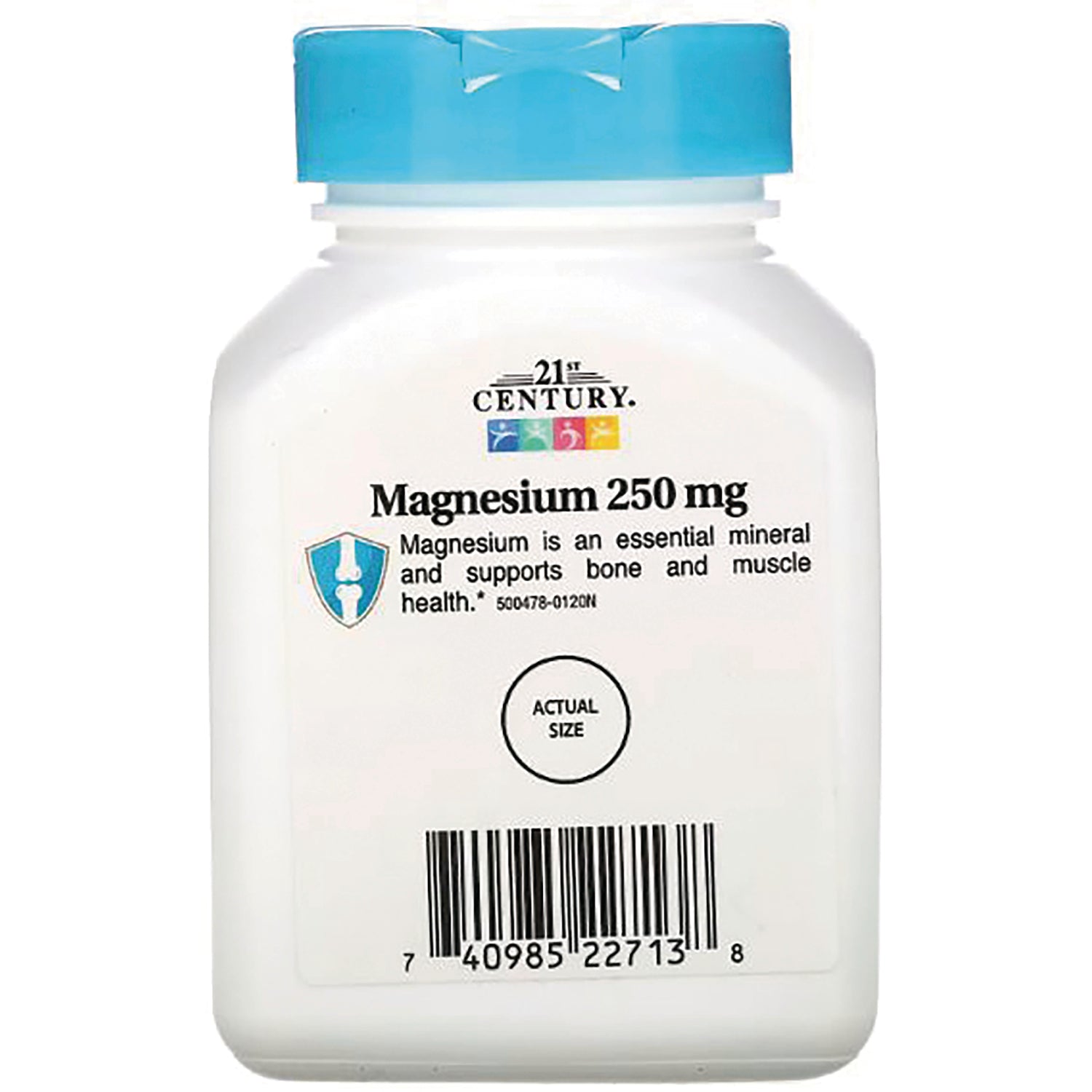 CNT099 | 21st Century Magnesium 250 mg supplement bottle front label with actual size circle and barcode