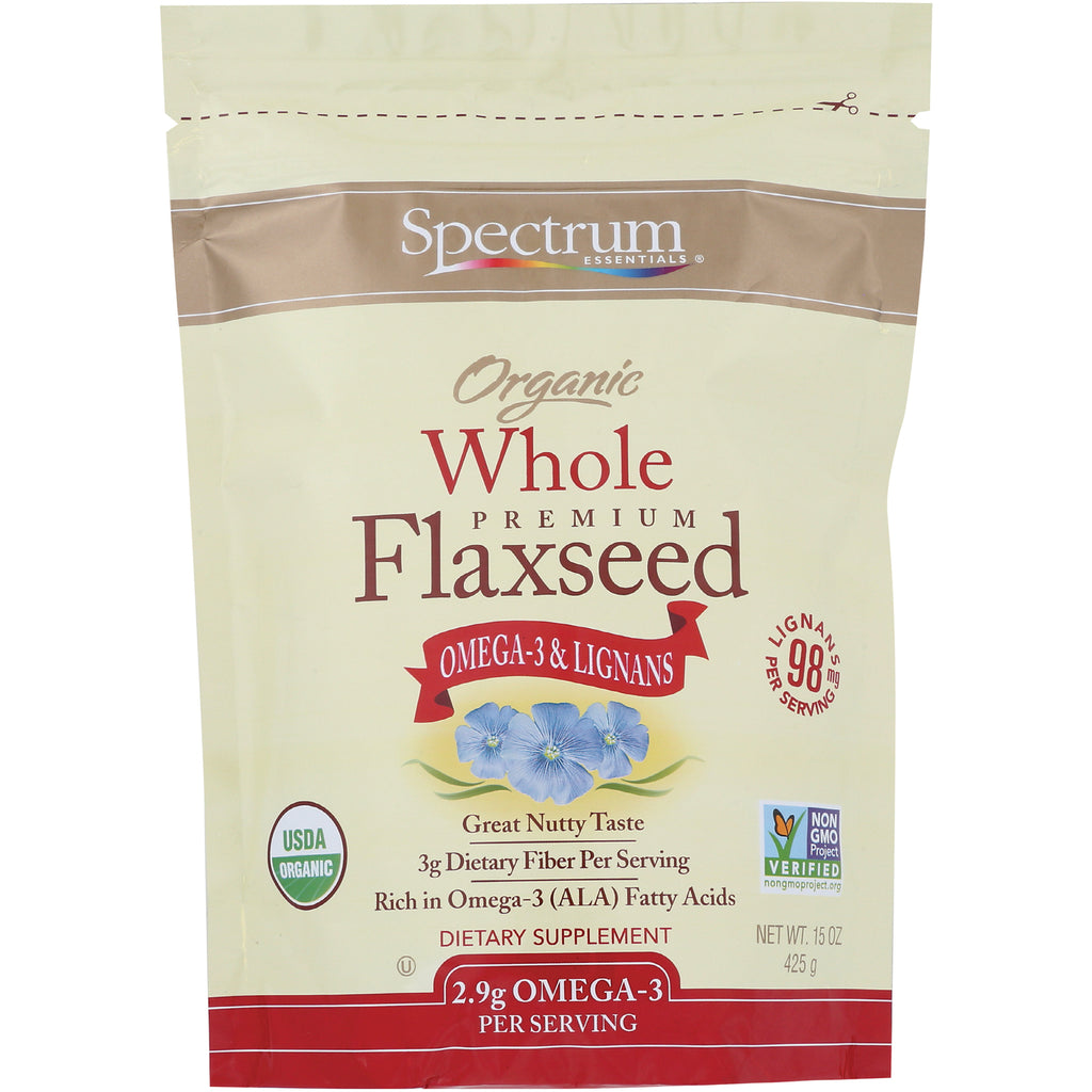 SP036 | Spectrum Essentials Organic Whole Premium Flaxseed, 15 oz bag, Omega-3 & Lignans, USDA Organic, Non-GMO Verified - Thumbnail